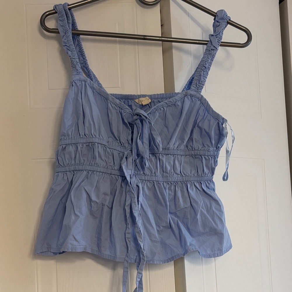 Ruched Tie-Front Crop Tank Top in Light Blue